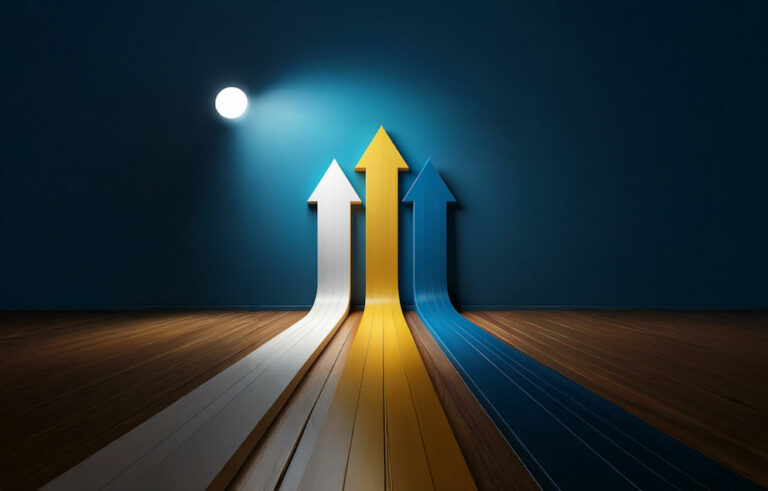 Three arrows of different colors pointing upwards against a dark blue background with a wood floor in the foreground.