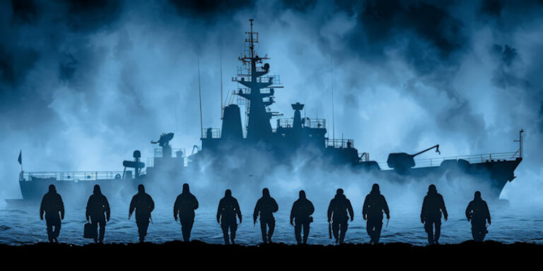 Navy ship with people walking towards it