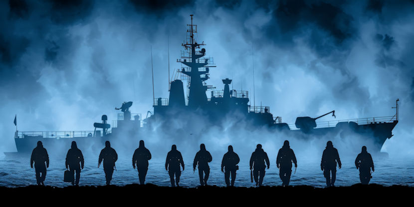 Navy ship with people walking towards it