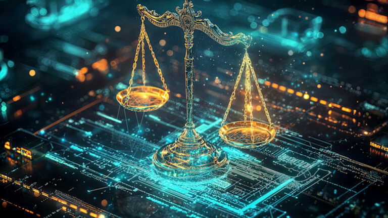 AI photo of gold scale equally weighed, standing on a digital coding screen.