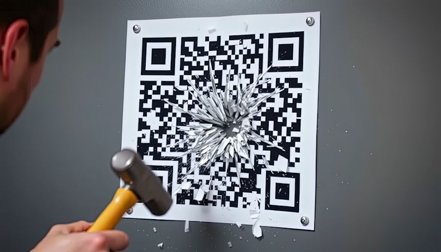 Man hammering and shattering a QR code
