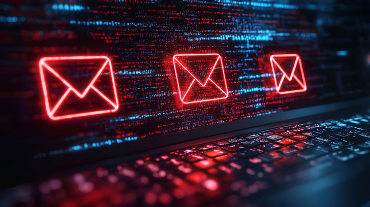Close-up of laptop screen with a glitched screen containing three red envelope icons.