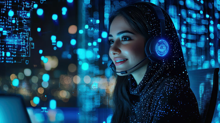 Woman surrounded by technology, where headphones with a blue glow.