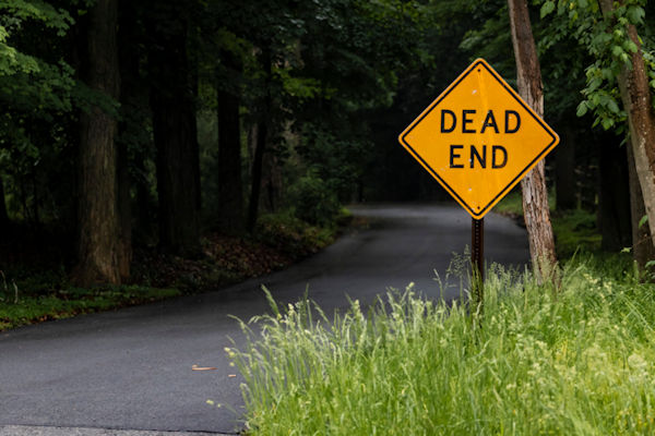 A tree lined road with a yellow "Dead End" sign.