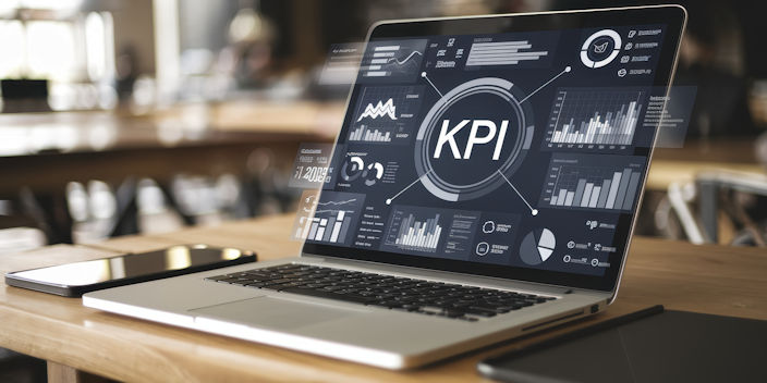 A laptop open on a desk. The screen shows a KPI analysis screen.