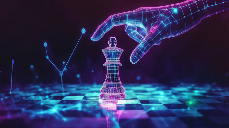 A digital hand moves a king chess piece on a glowing board.